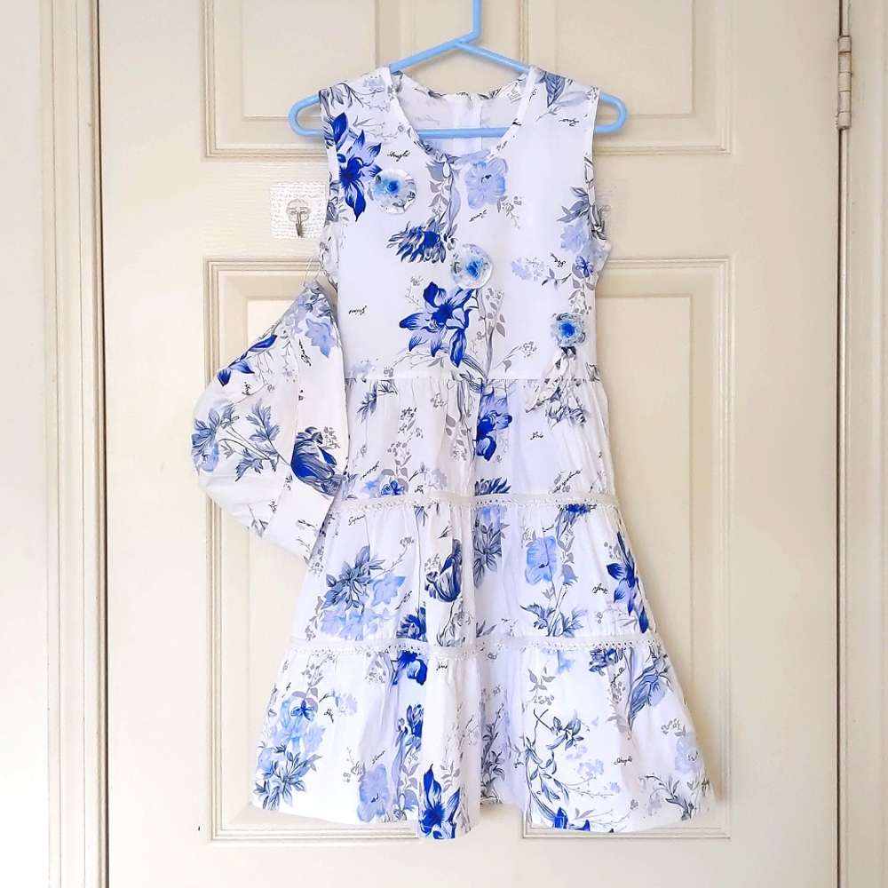 NWOT. Multi Color Floral Ruffle Dress with 3D Flowers, laces and Matching Hat.
